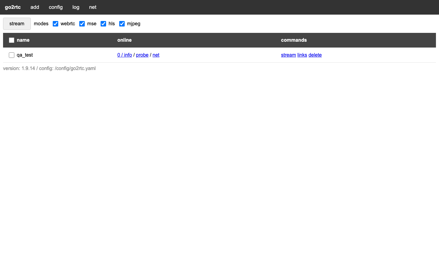 The go2rtc streams list after signing in