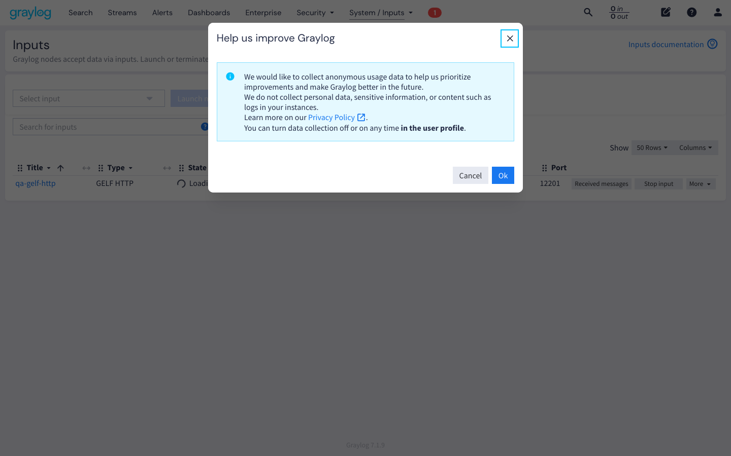 The Graylog System / Inputs page listing a GELF HTTP input on port 12201