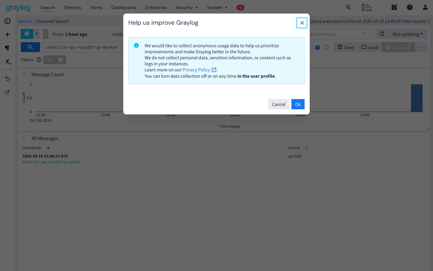 The Graylog Search page showing a message count chart and an All Messages table with one ingested message