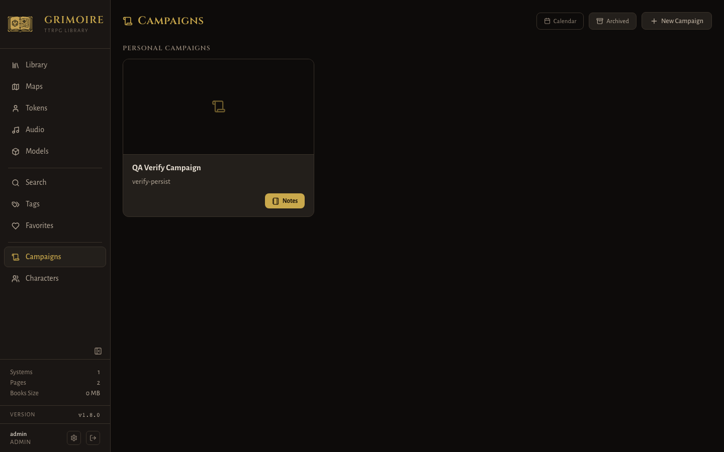 Grimoire campaign view
