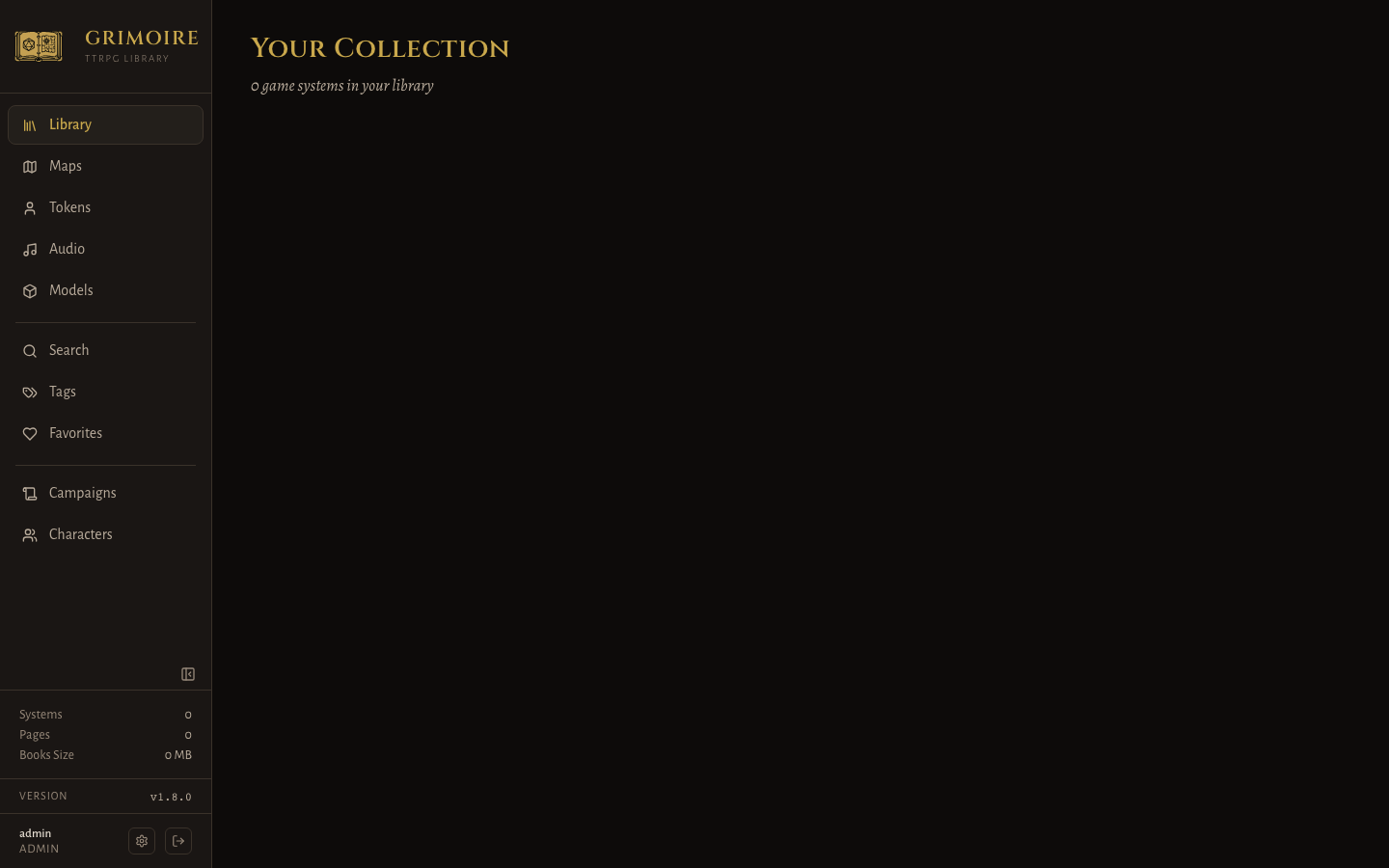 Signed-in Grimoire library showing the tabletop RPG collection