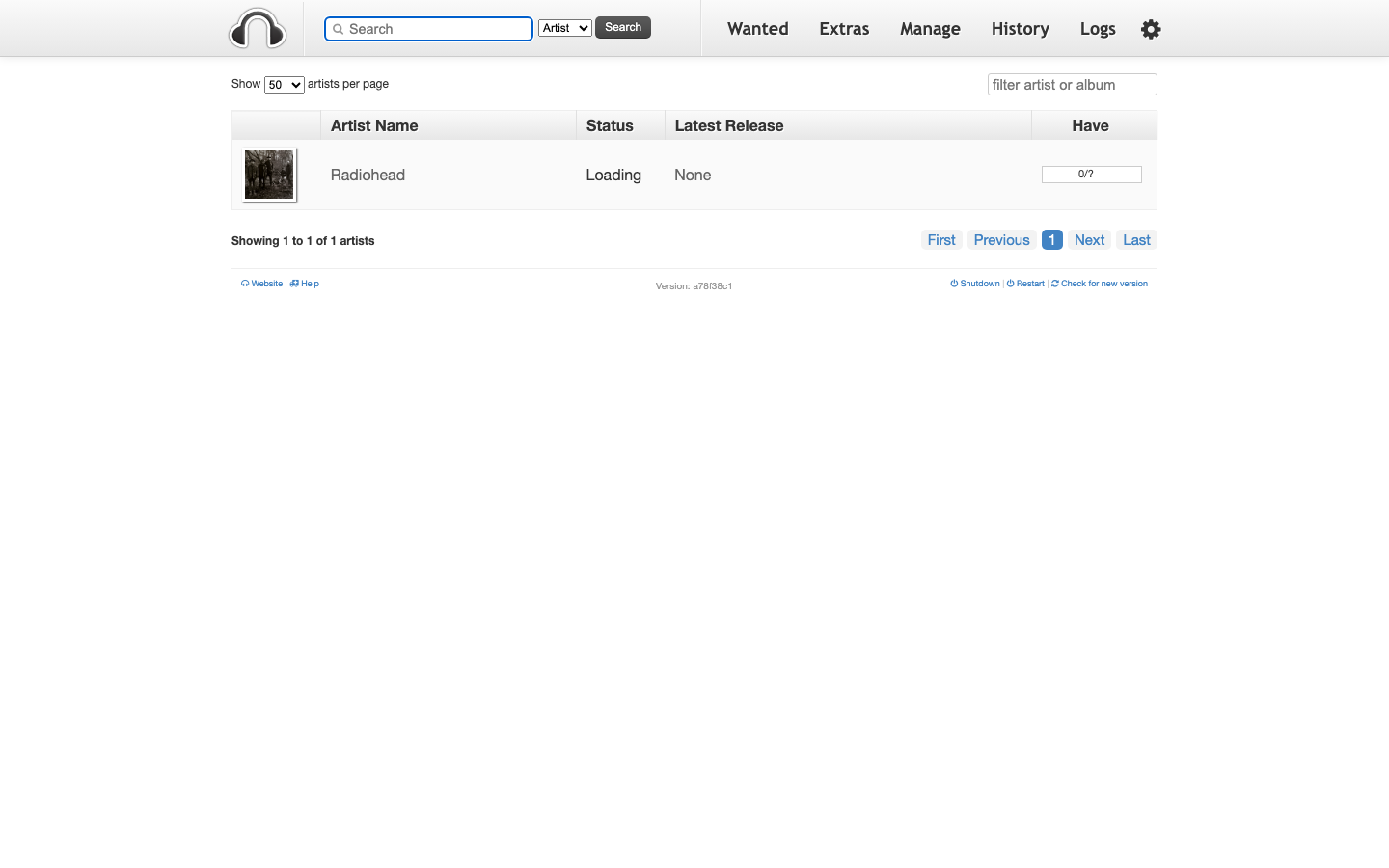 Headphones home page after an artist has been added