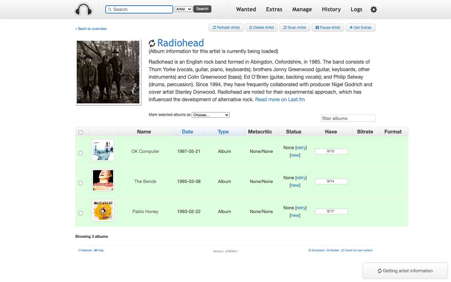 A Headphones artist page listing the artist's albums