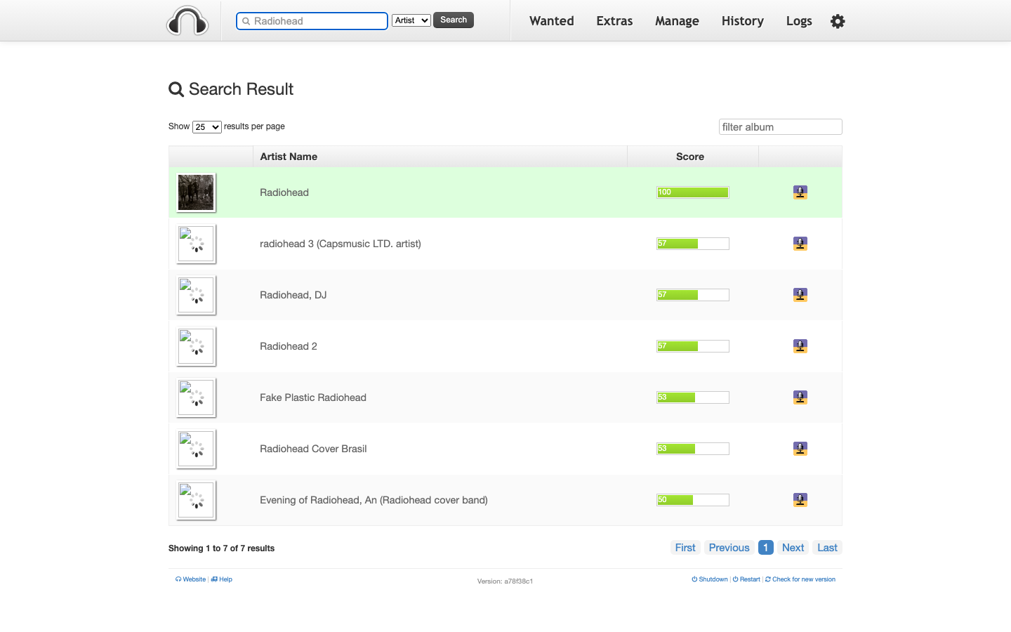 Headphones artist search results in the web interface