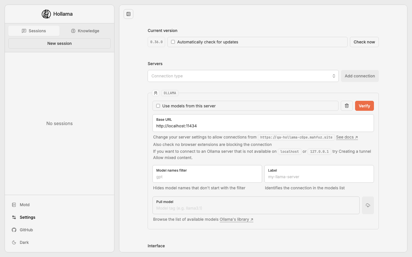 Hollama connection settings for a language model server