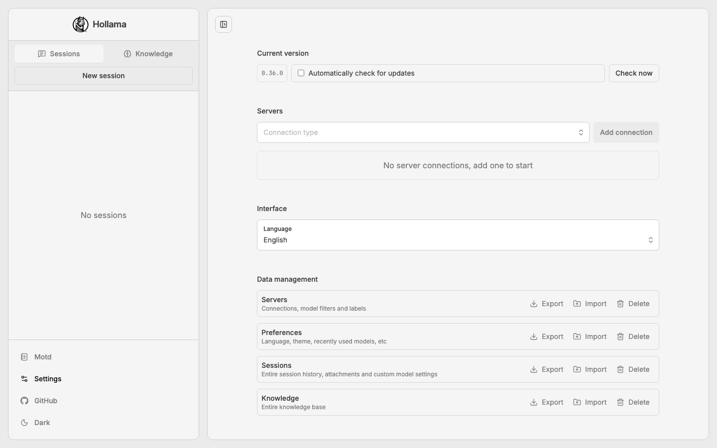 Hollama Settings page where the address of an Ollama or OpenAI-compatible server is added