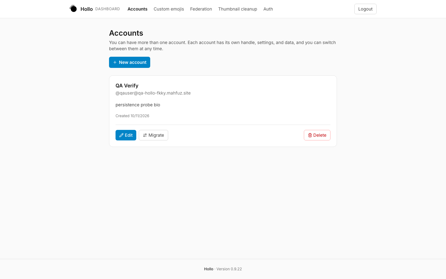 Hollo dashboard Accounts page with a New account button and an account card showing its handle, bio, Edit, Migrate and Delete actions