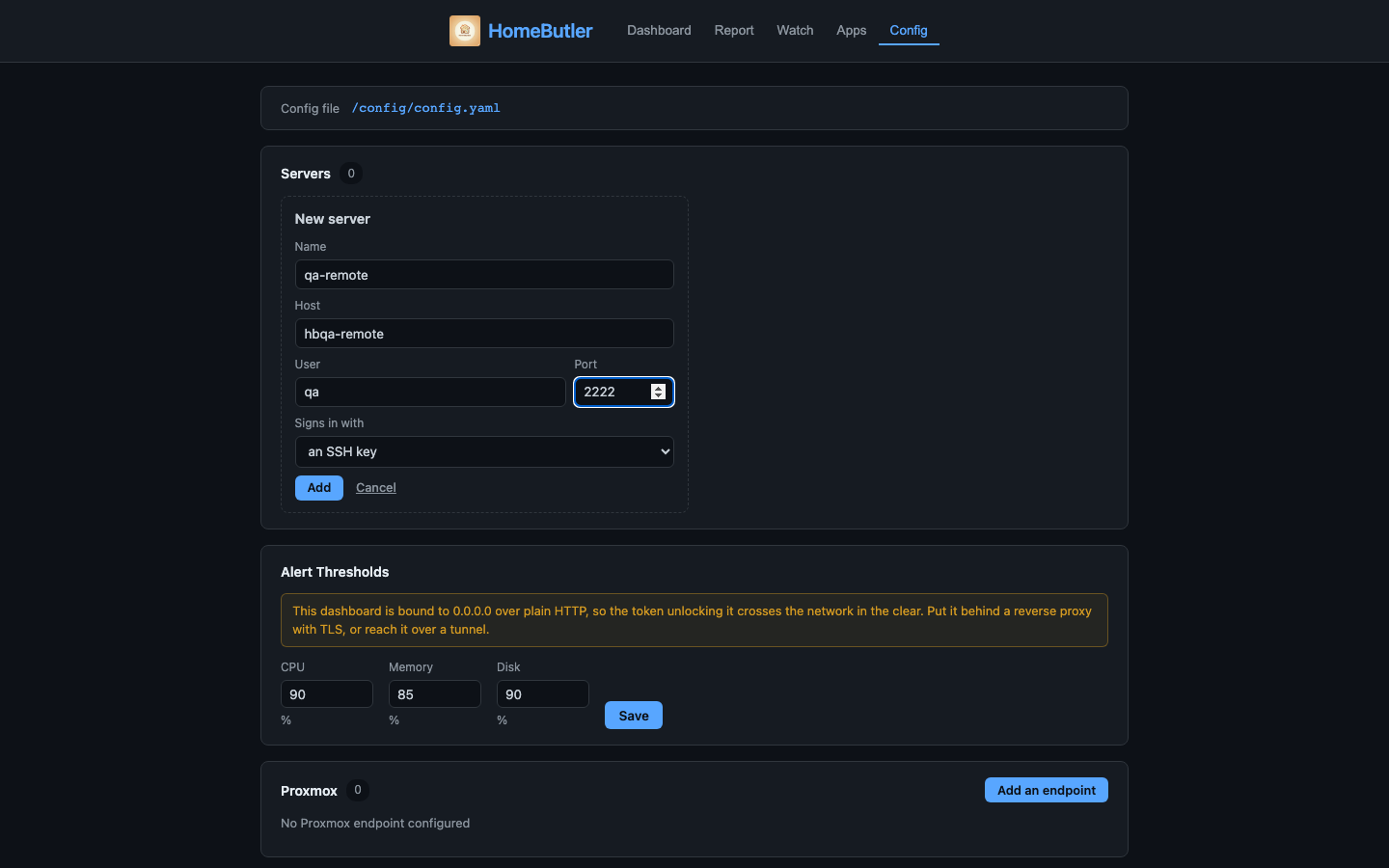 HomeButler settings screen with the Add server form open