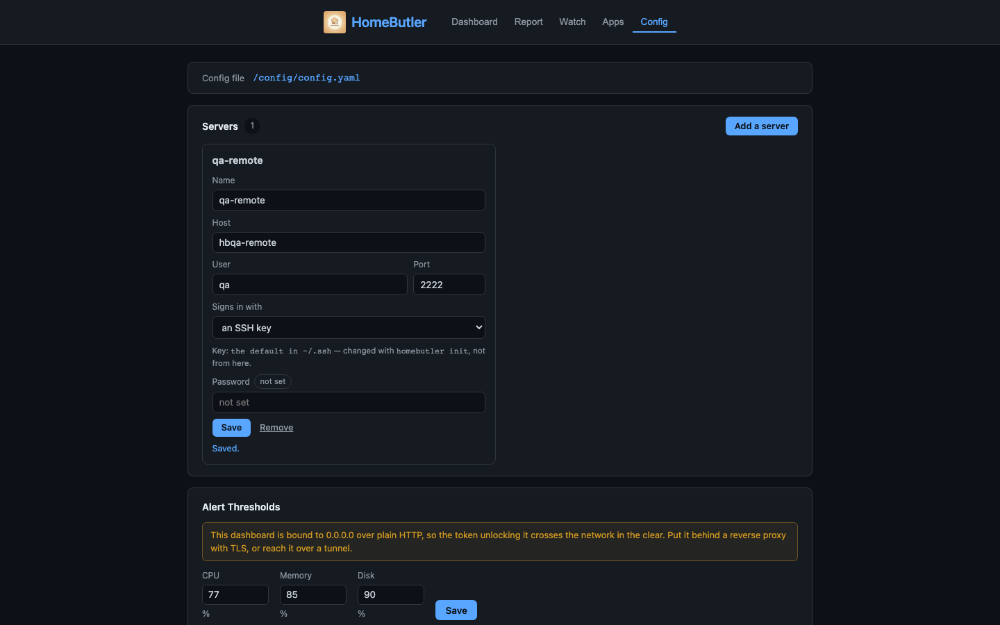 HomeButler settings screen with alert thresholds and notification channels