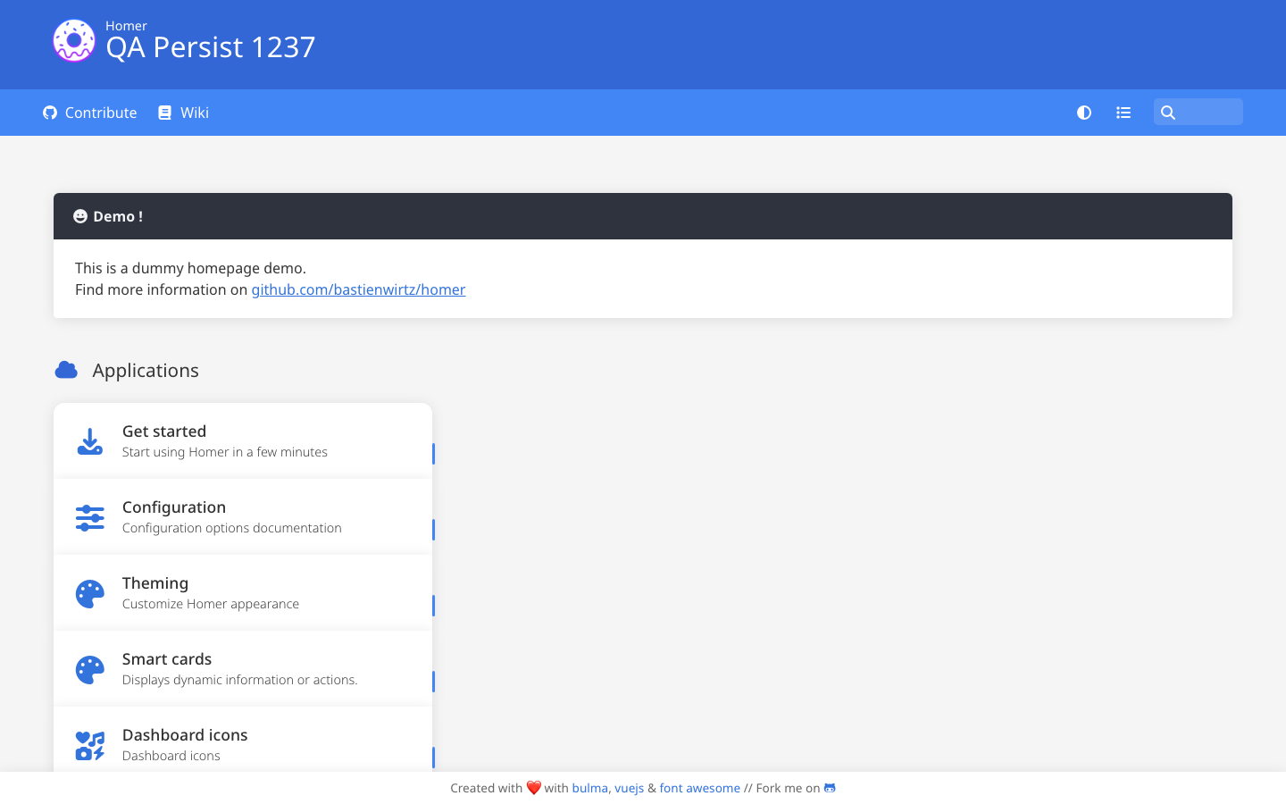 The Homer start page with grouped service links