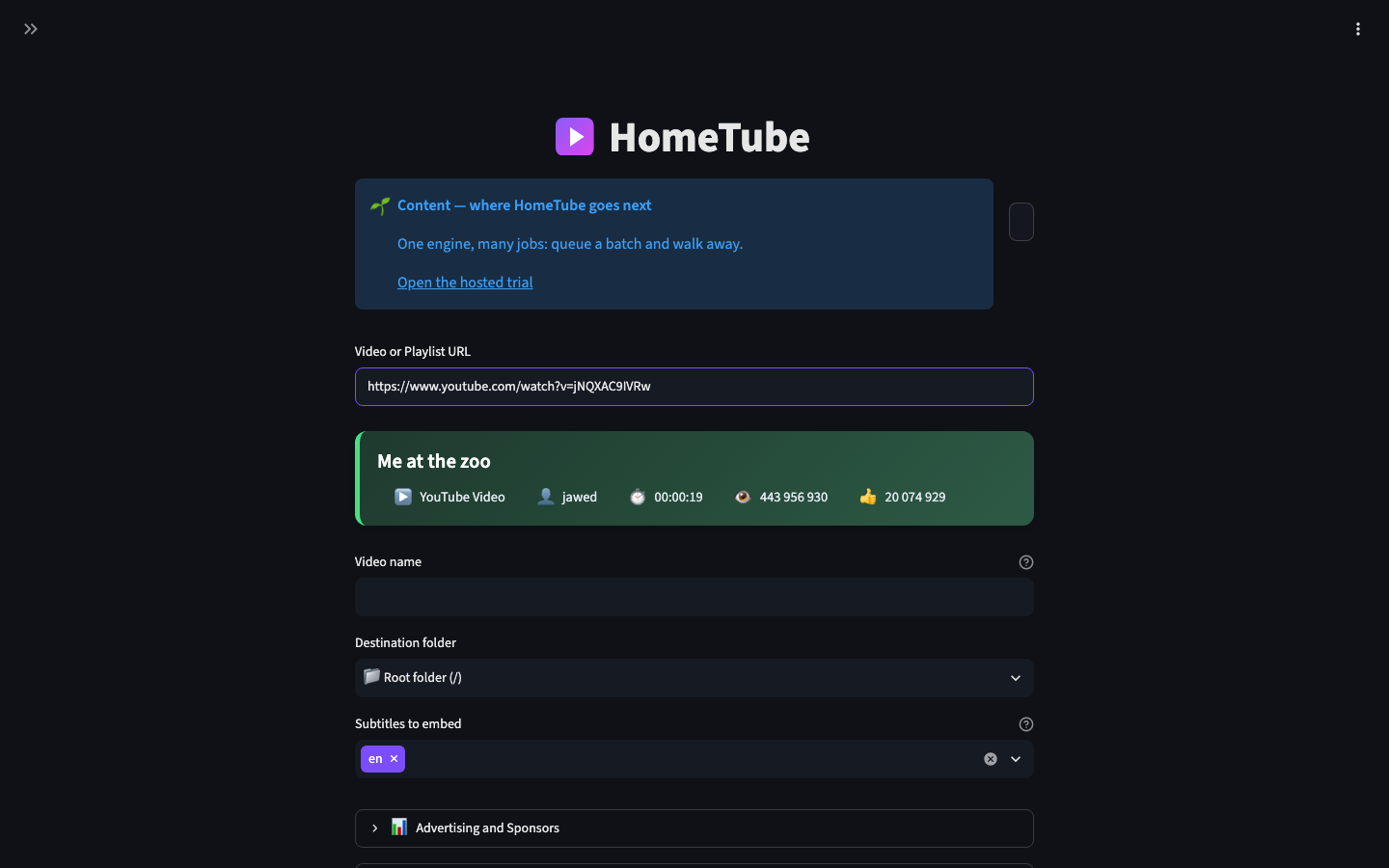 HomeTube after analyzing a pasted video URL, ready to download