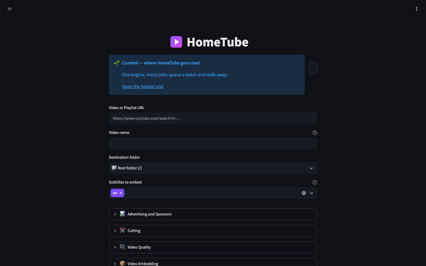 HomeTube home screen with the field for pasting a video URL
