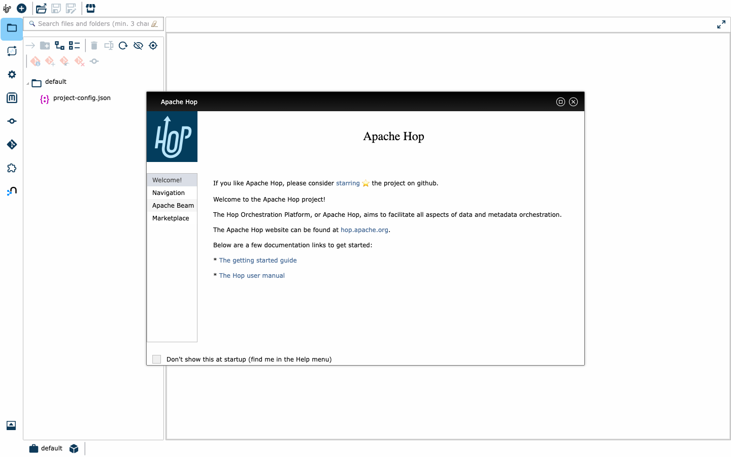 The Apache Hop Web GUI open in the browser after sign-in