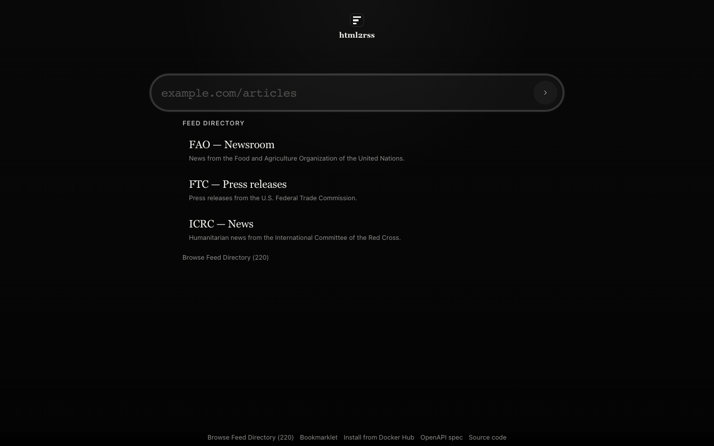 html2rss create-feed form on an xCloud install