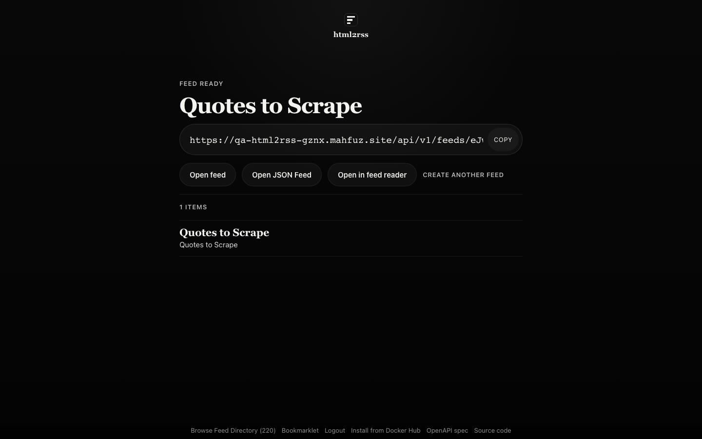 html2rss showing a generated feed ready to subscribe to