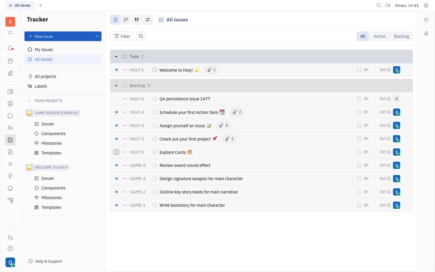 A Huly issue created in the tracker