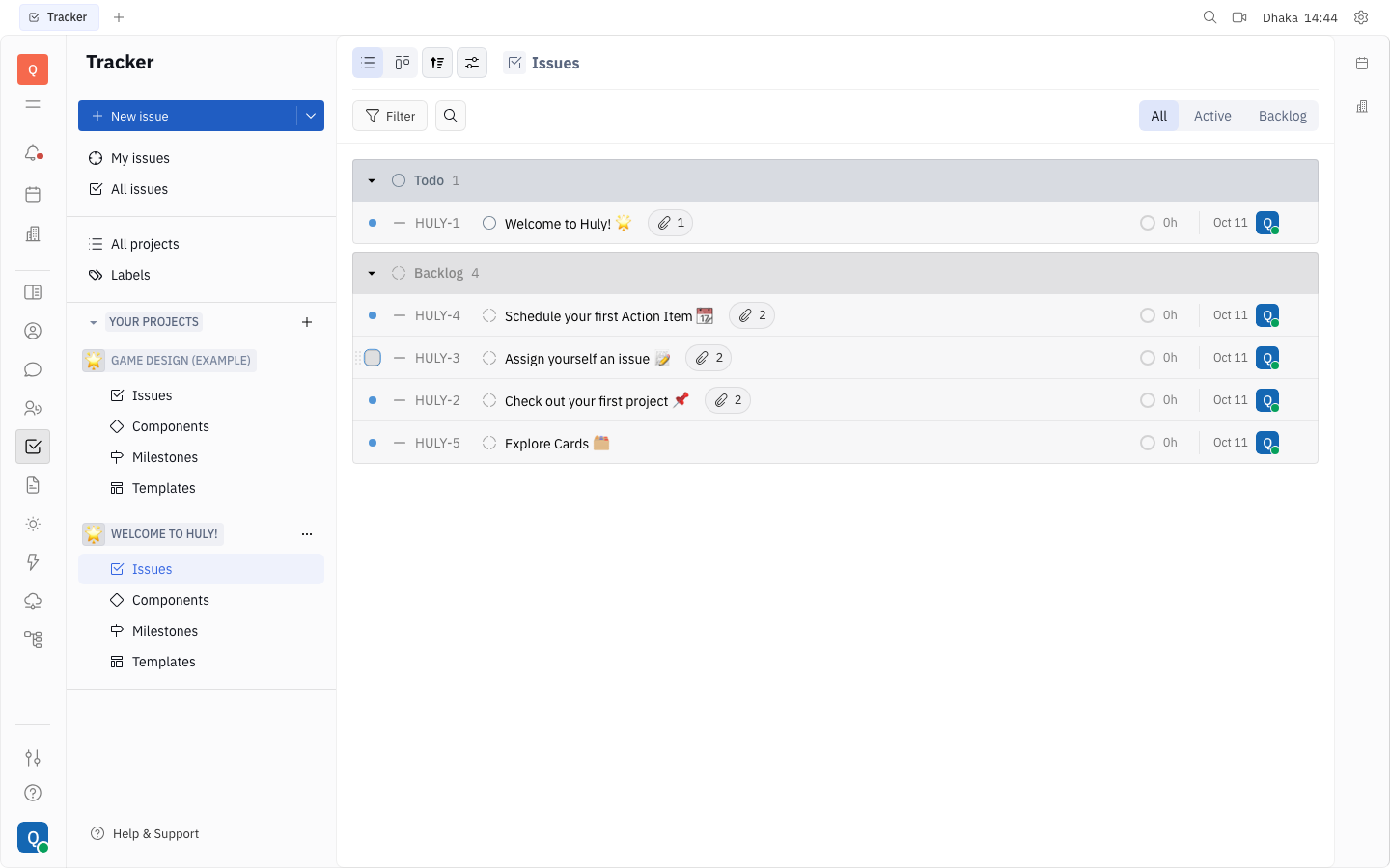 Huly workspace with the issue tracker loaded