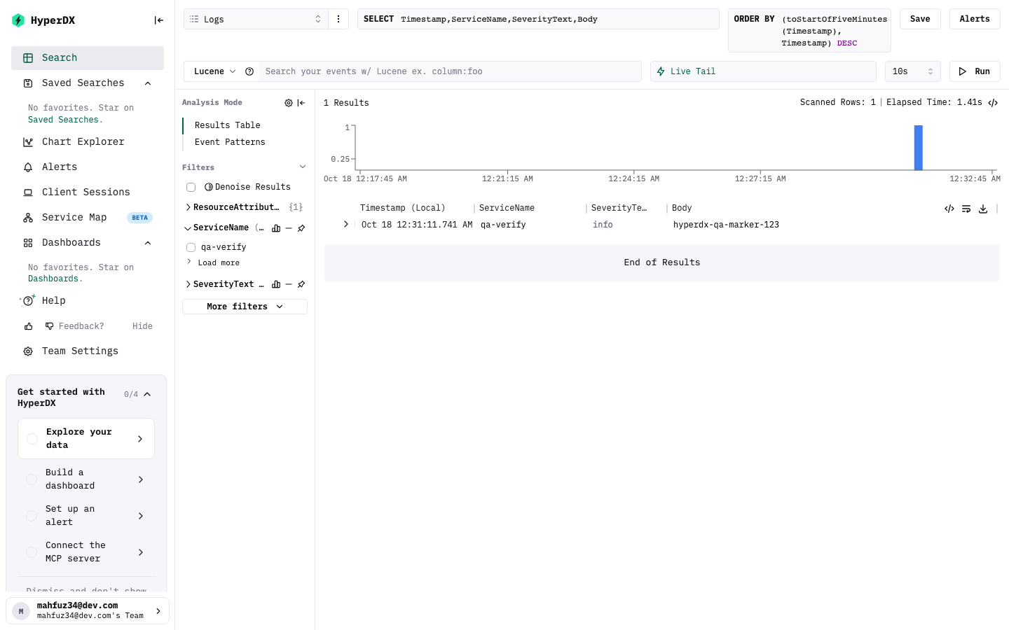 HyperDX search view with the same log line still searchable after an xCloud Restart