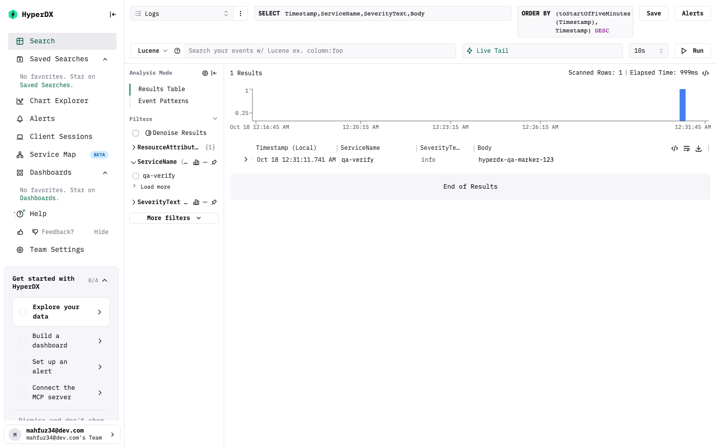 HyperDX search view showing an ingested log line and its result histogram