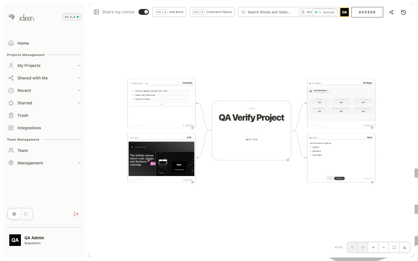 An Ideon workspace still showing its content after the install was restarted