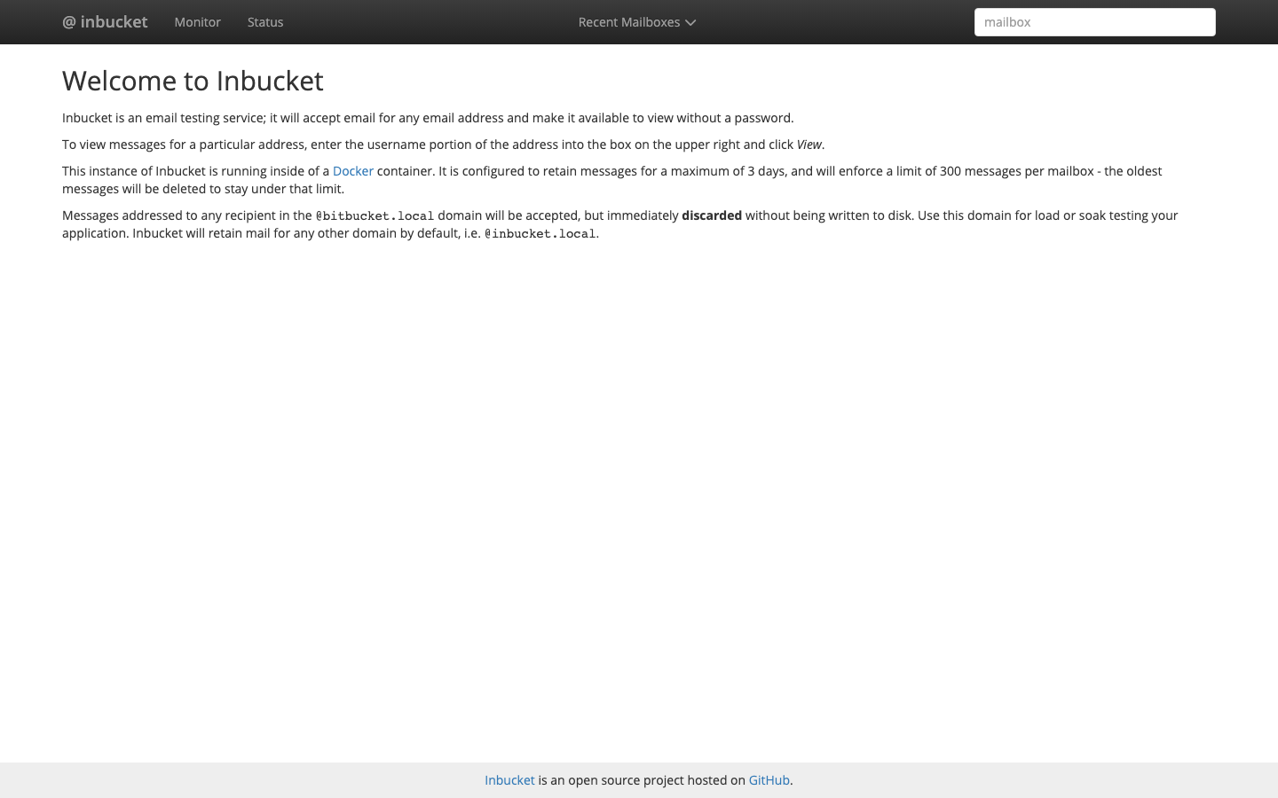 Inbucket home page with the mailbox lookup box