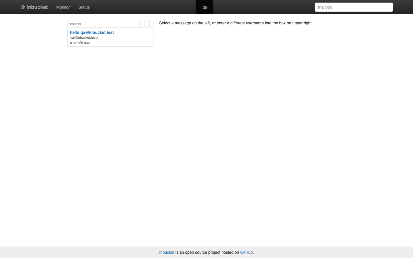 An Inbucket mailbox listing a captured test message