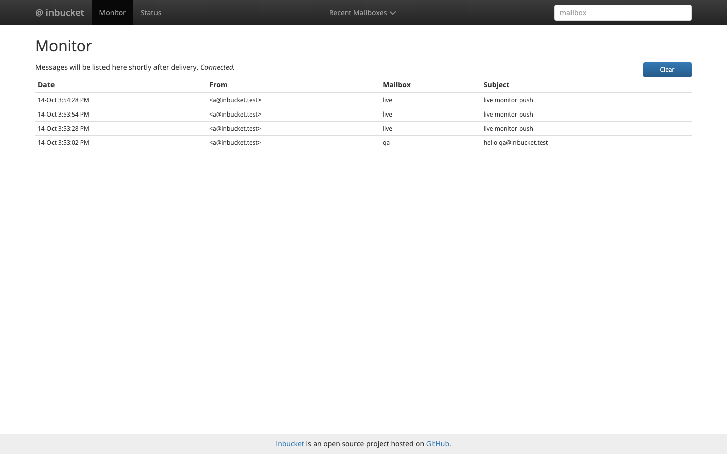 Inbucket Monitor tab streaming incoming messages live