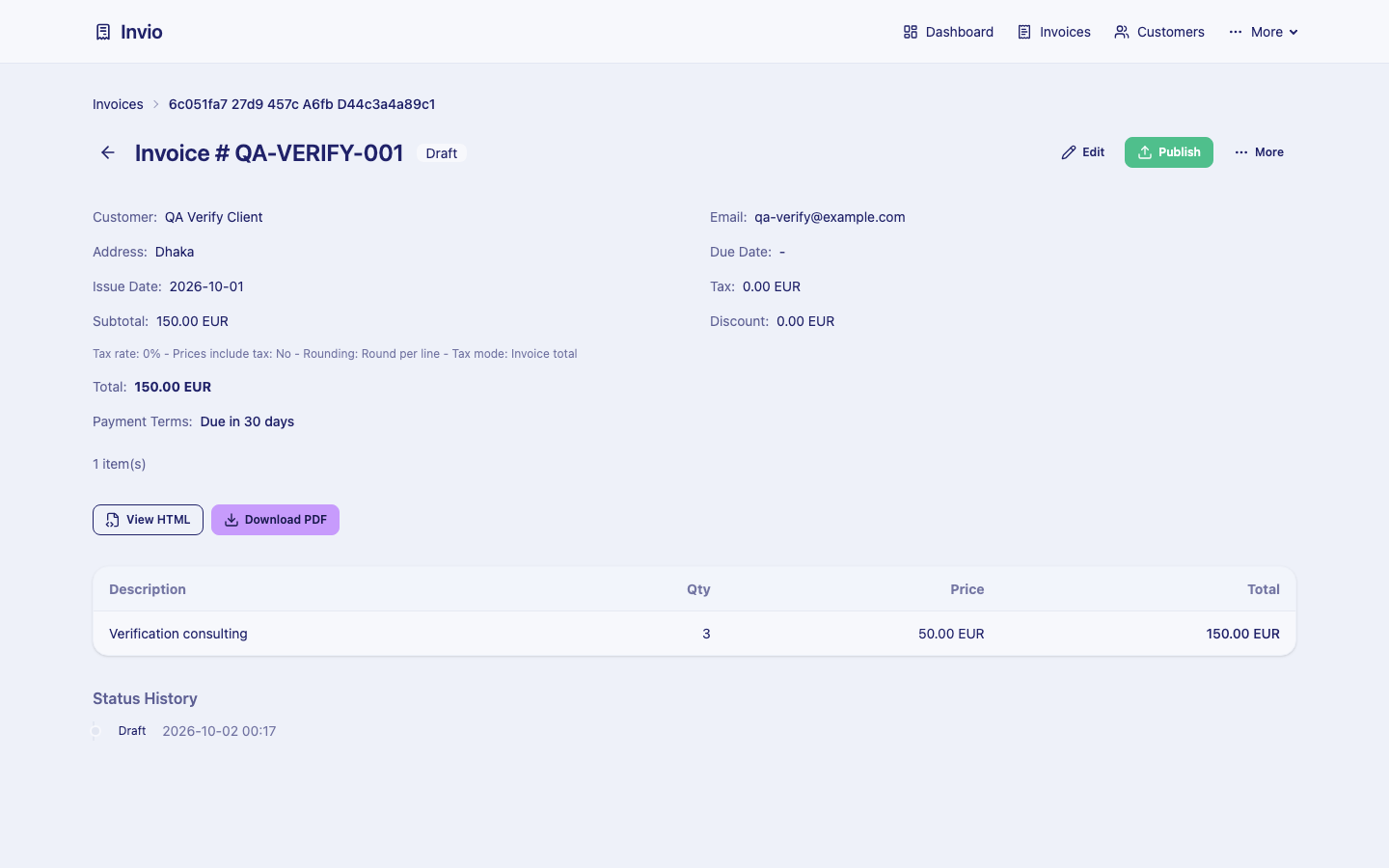 Invio invoice detail page showing customer, subtotal, total, payment terms, line items and the View HTML and Download PDF buttons