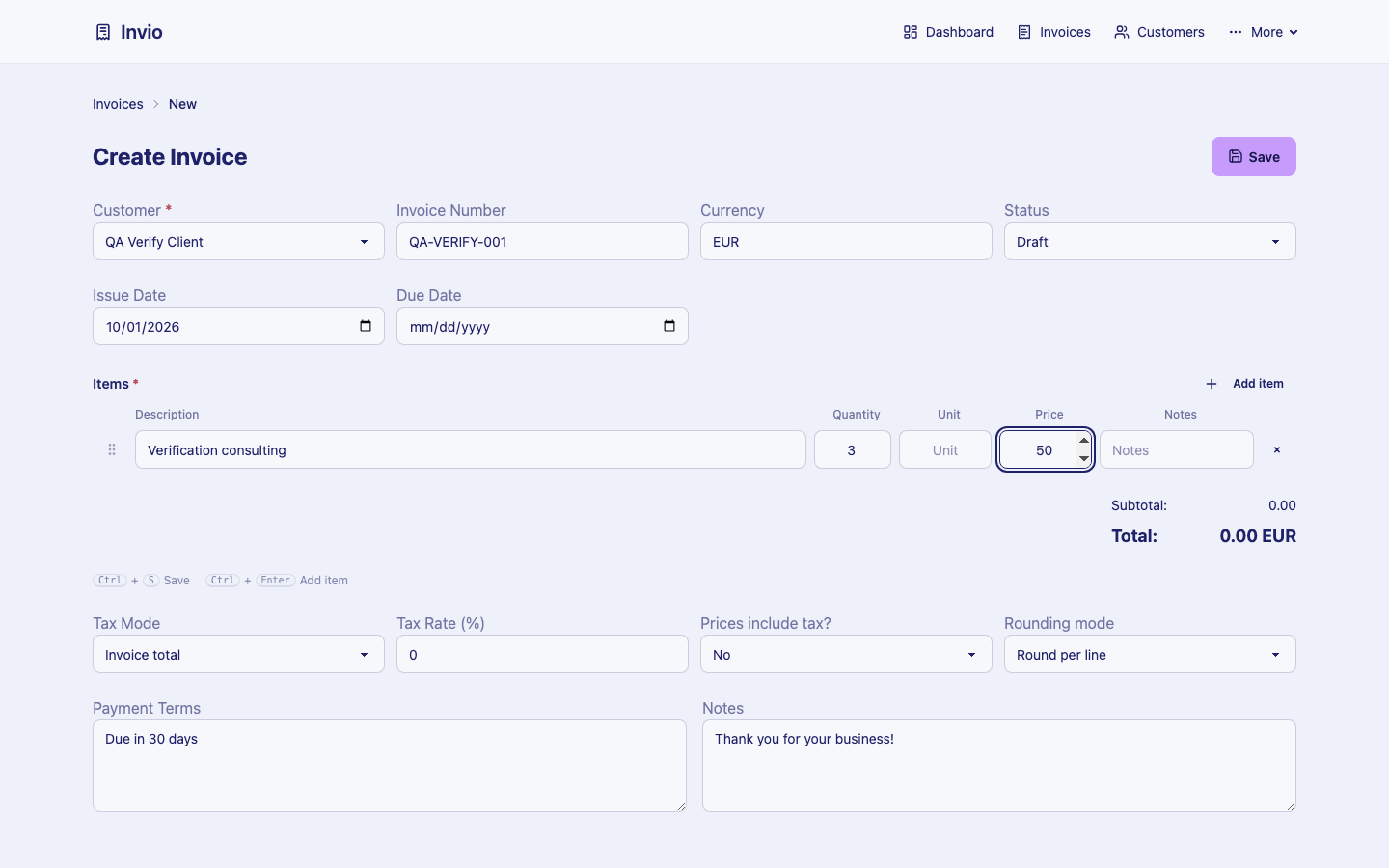 Invio Create Invoice form with customer, invoice number, currency, status, line items, tax mode and payment terms
