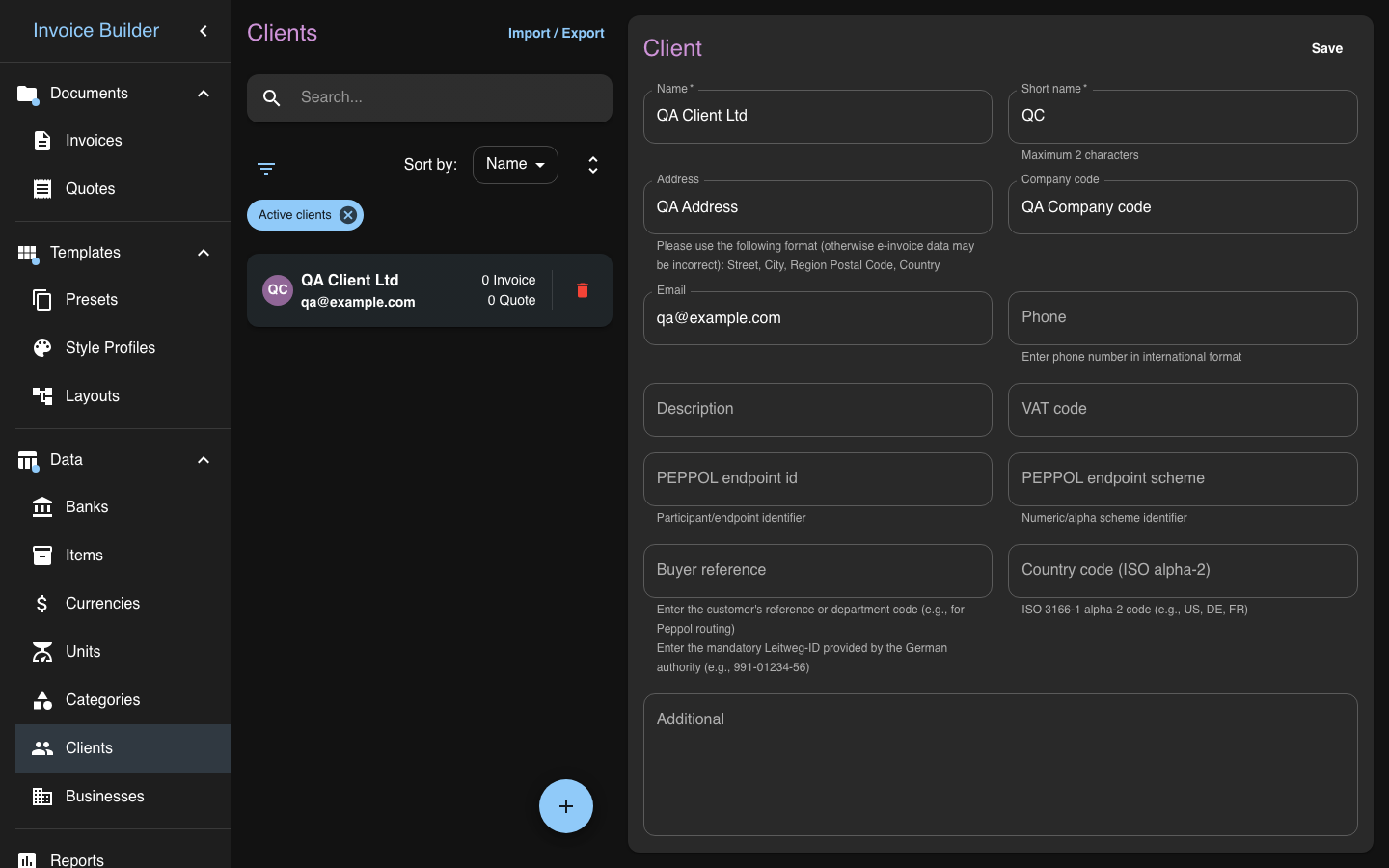 The Invoice Builder Clients screen in the dark theme with a client record open, showing name, address, email and Peppol endpoint fields