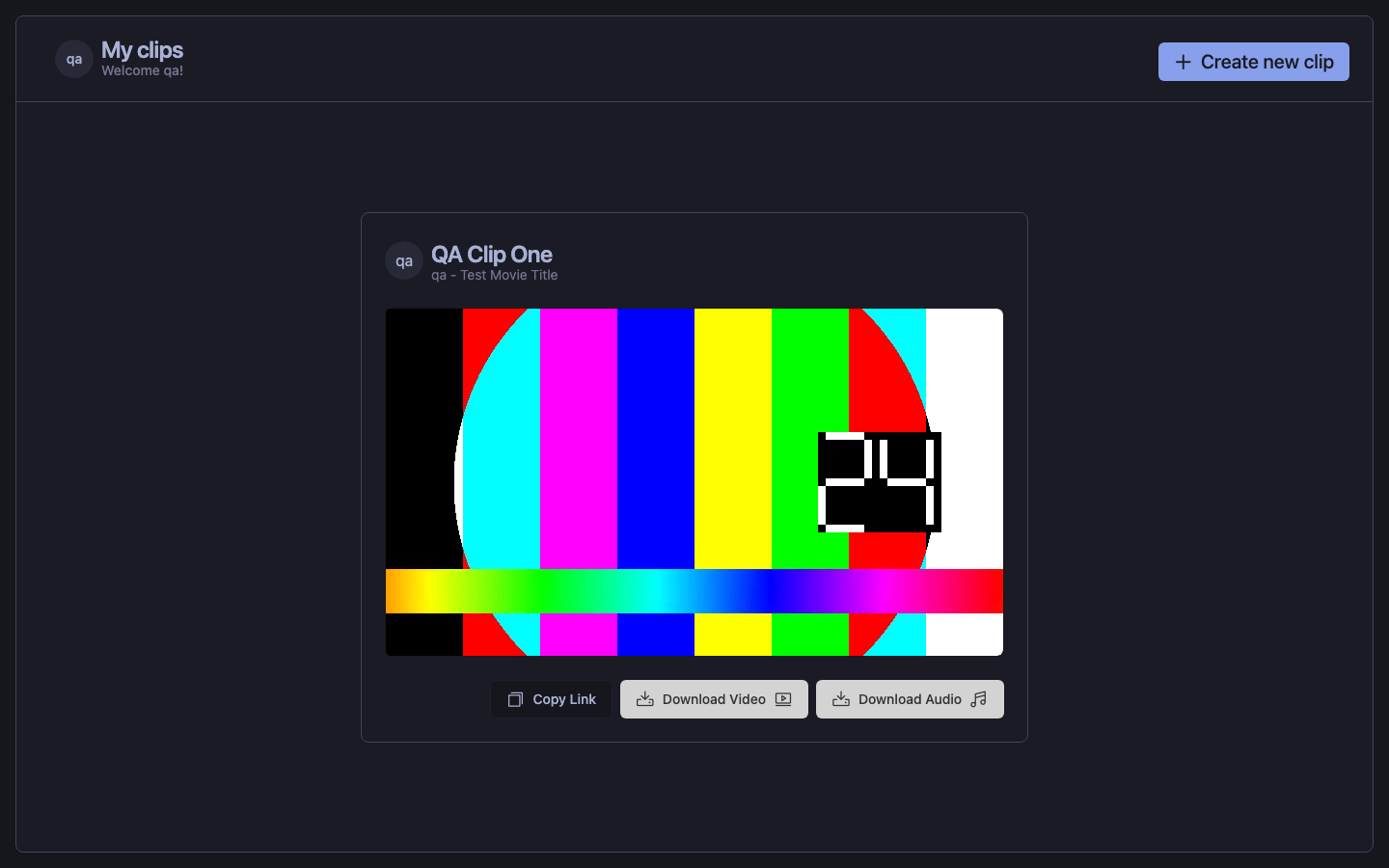 Jelly-Clipper clip list showing a created clip with Copy Link, Download Video and Download Audio buttons