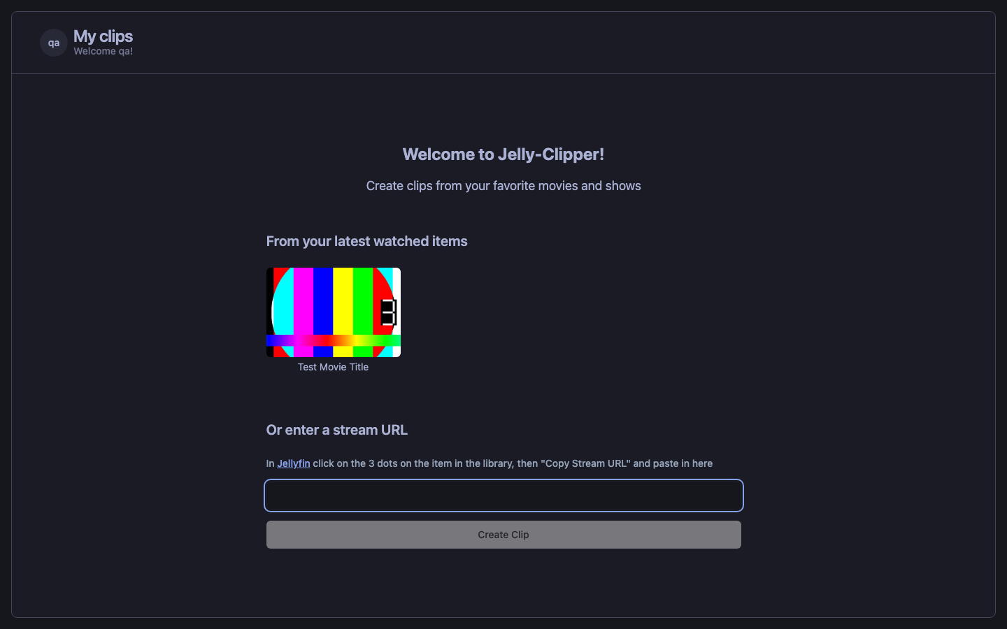 Jelly-Clipper home screen after sign-in, offering recently watched Jellyfin items and a field for a stream URL