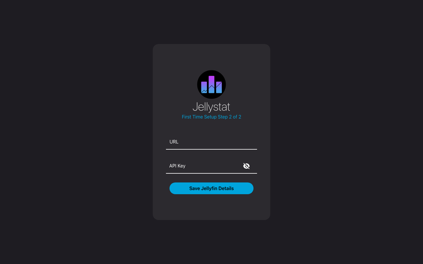 Jellystat first-time setup step 2 of 2 asking for the Jellyfin URL and API key