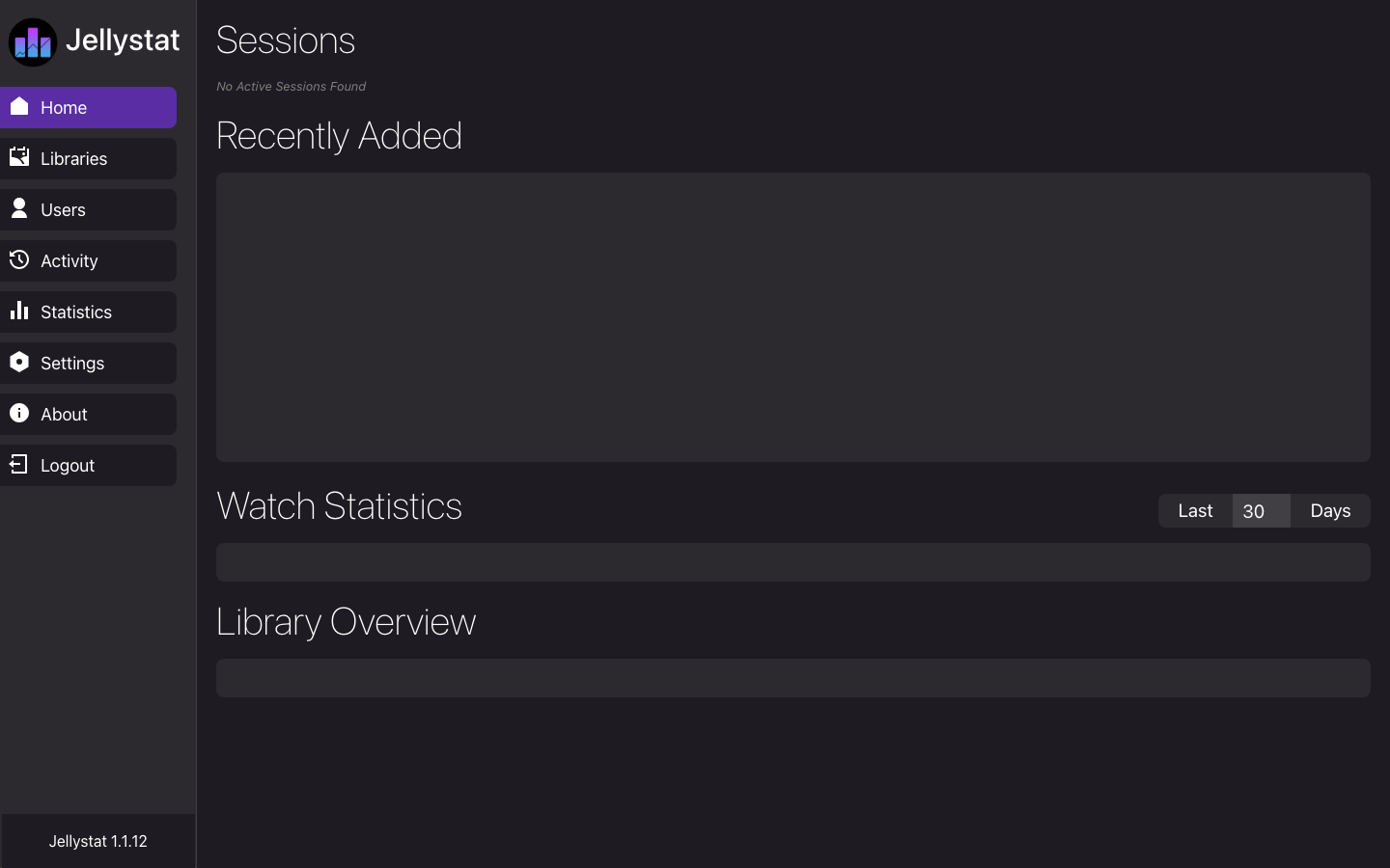 Jellystat home dashboard with Sessions, Recently Added, Watch Statistics and Library Overview