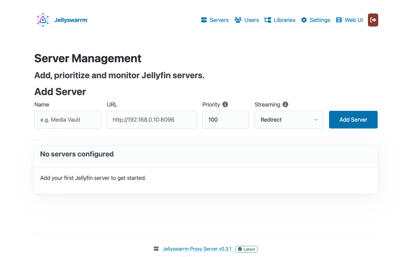 Jellyswarrm admin dashboard after signing in at /ui