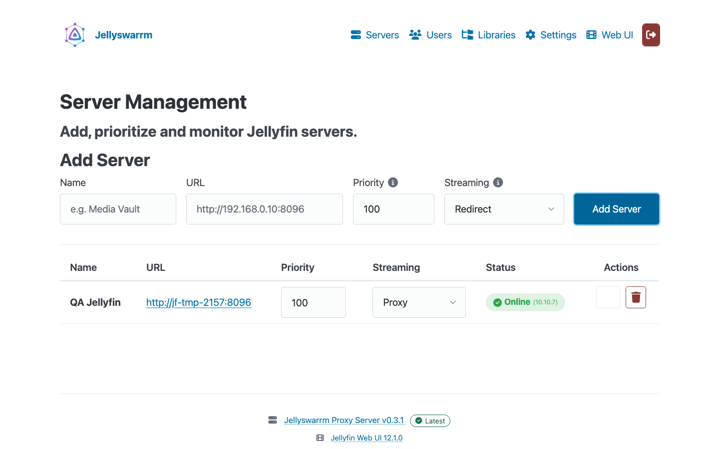 Jellyswarrm Servers page with a backend Jellyfin server added and shown online