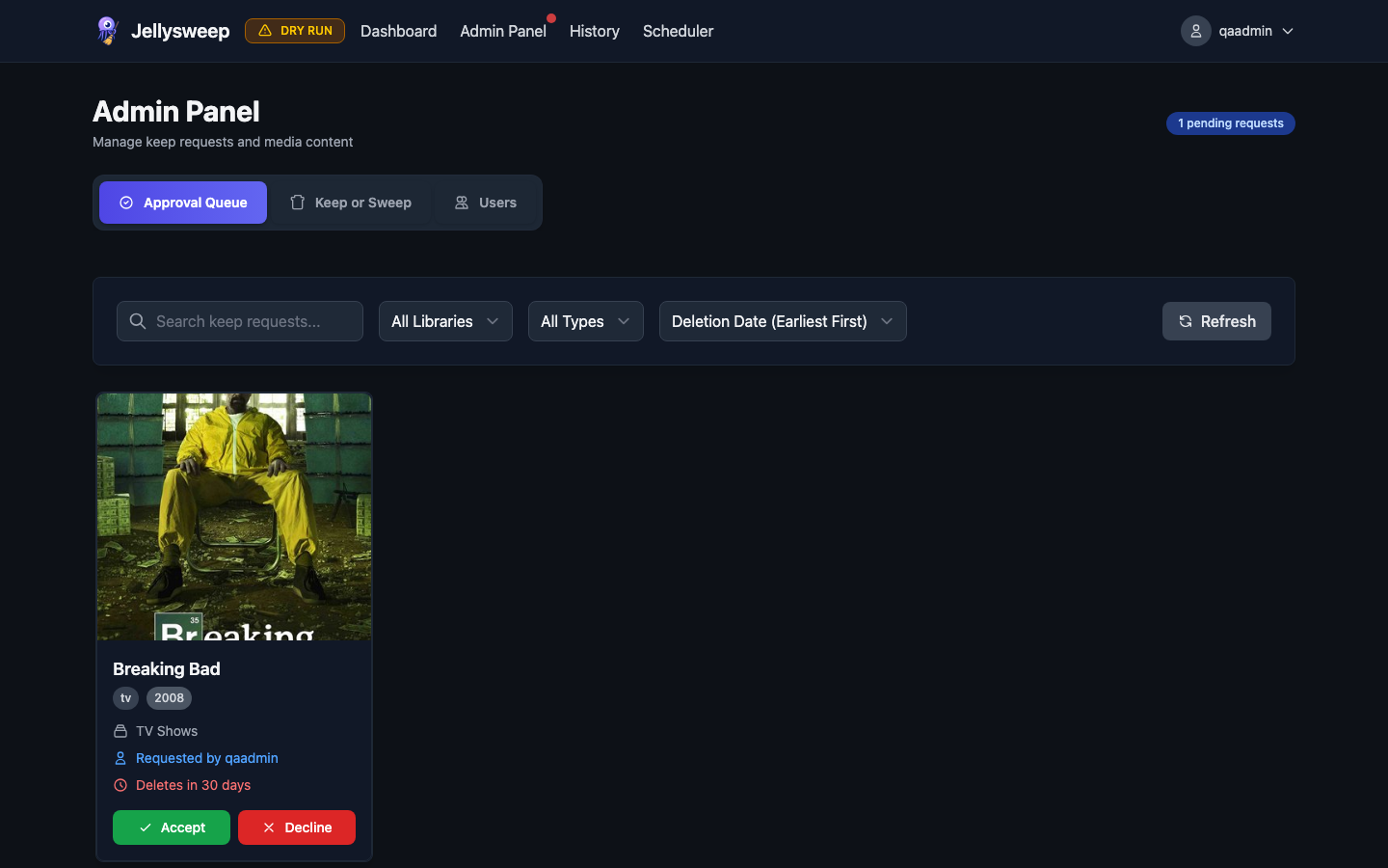 Jellysweep admin approval queue for keep requests