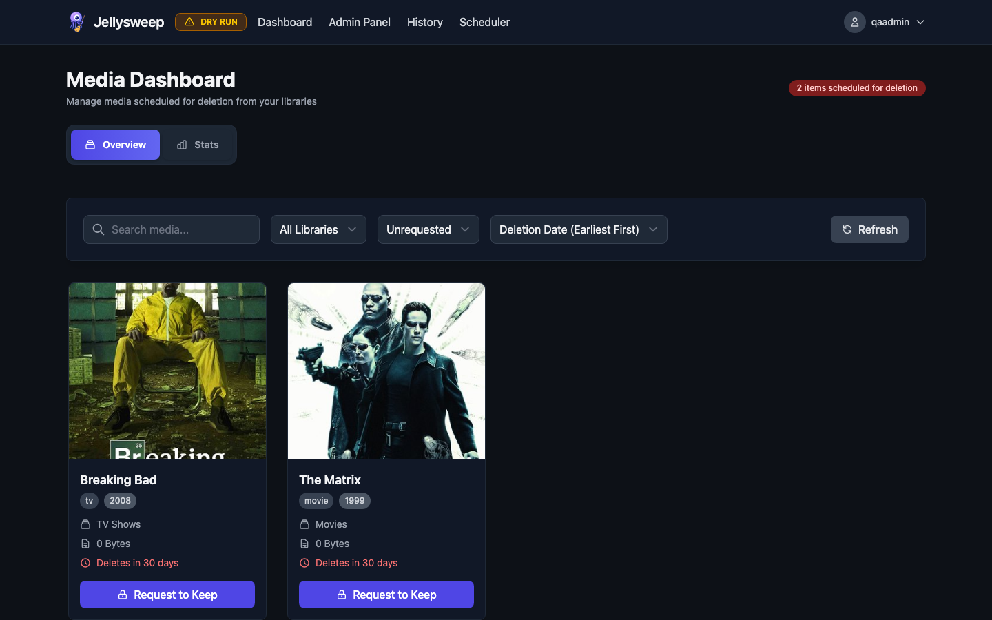Jellysweep dashboard with a dry-run banner showing media scheduled for deletion