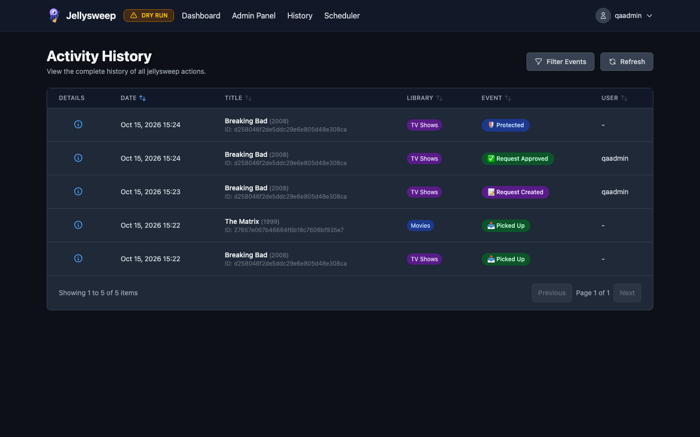 Jellysweep history page