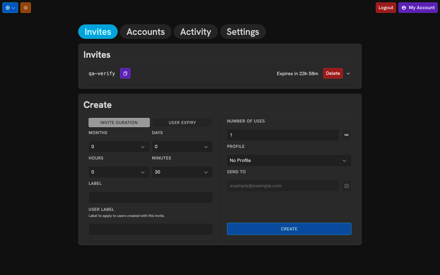 jfa-go admin page showing the Invites tab