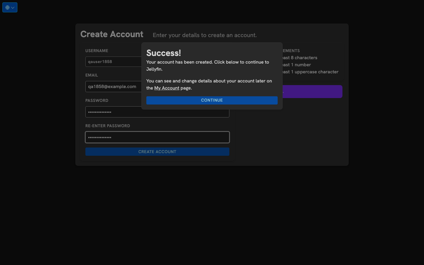 jfa-go invite page confirming that an account has been created