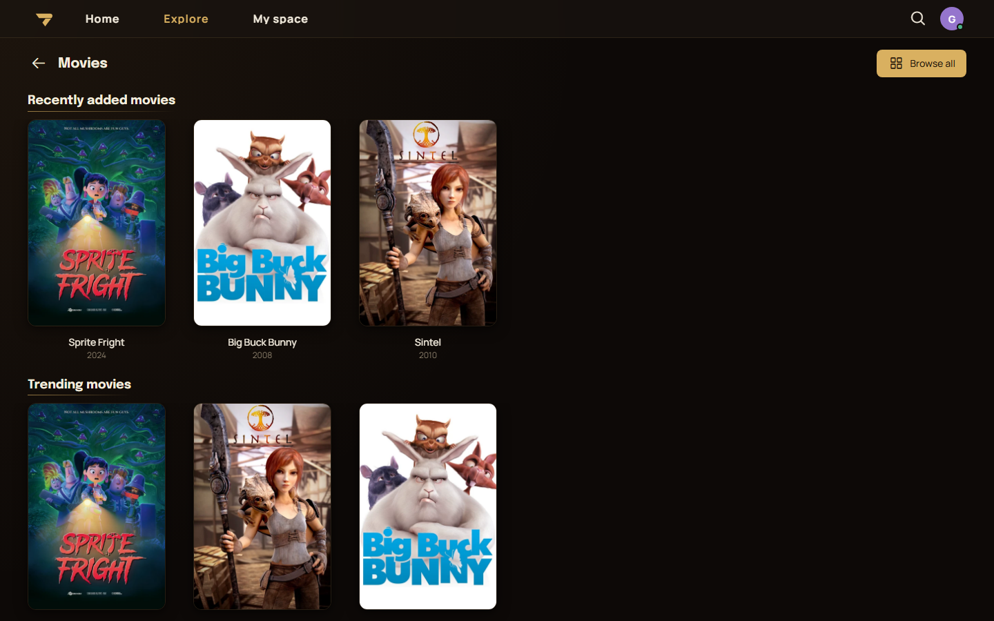 The K7 Movies page showing recently added and trending films as poster cards in the dark web player.
