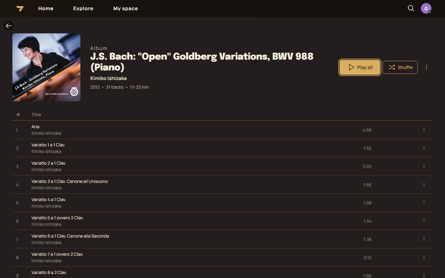 A K7 album page with cover art, Play all and Shuffle buttons and a numbered track list.