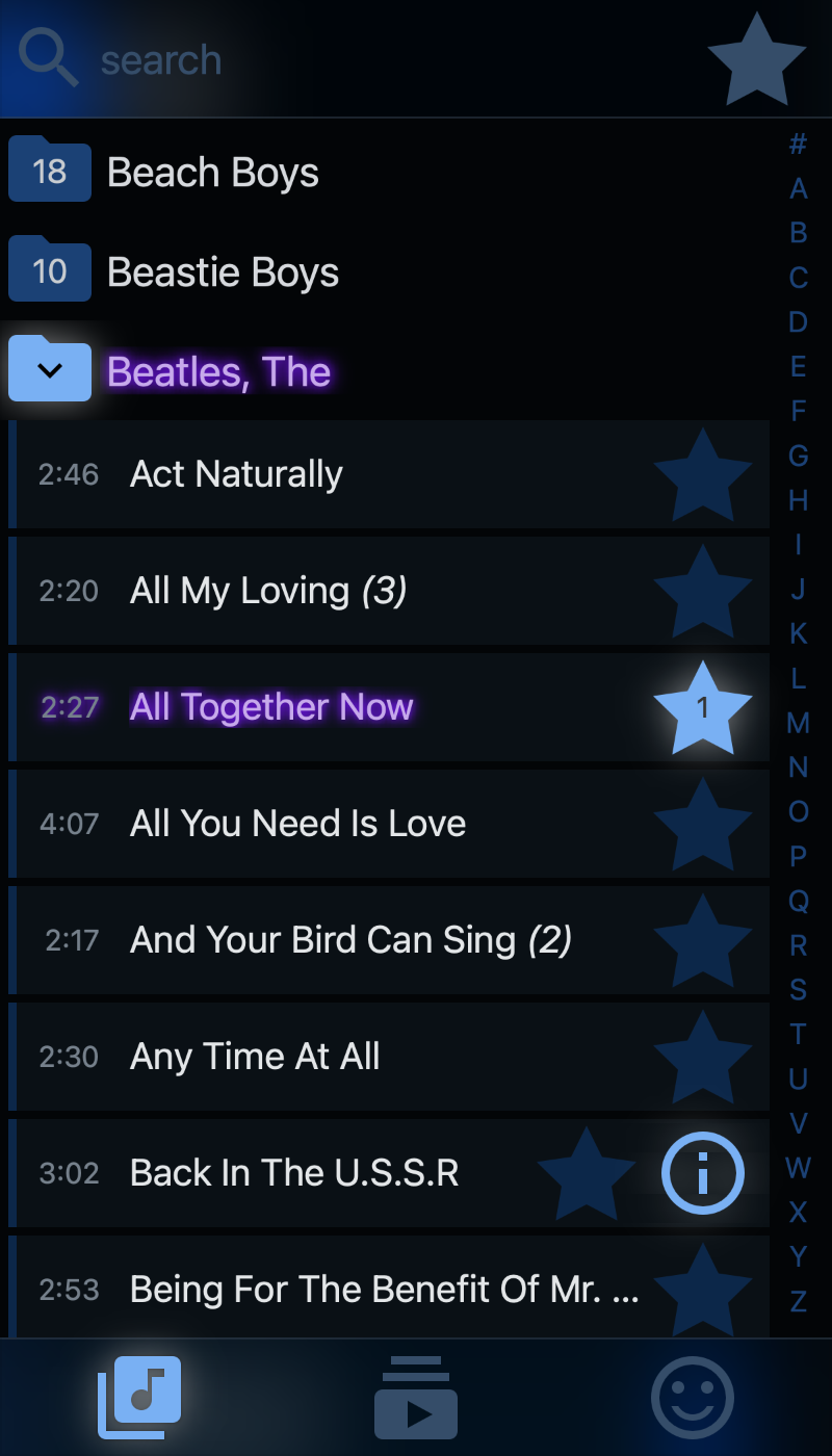 Karaoke Eternal's library view on a phone, listing artists and songs to search and queue