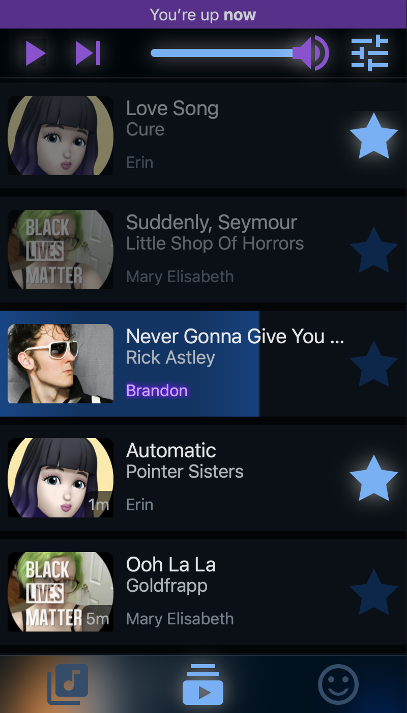 Karaoke Eternal's queue view on a phone, showing the upcoming songs and who queued them