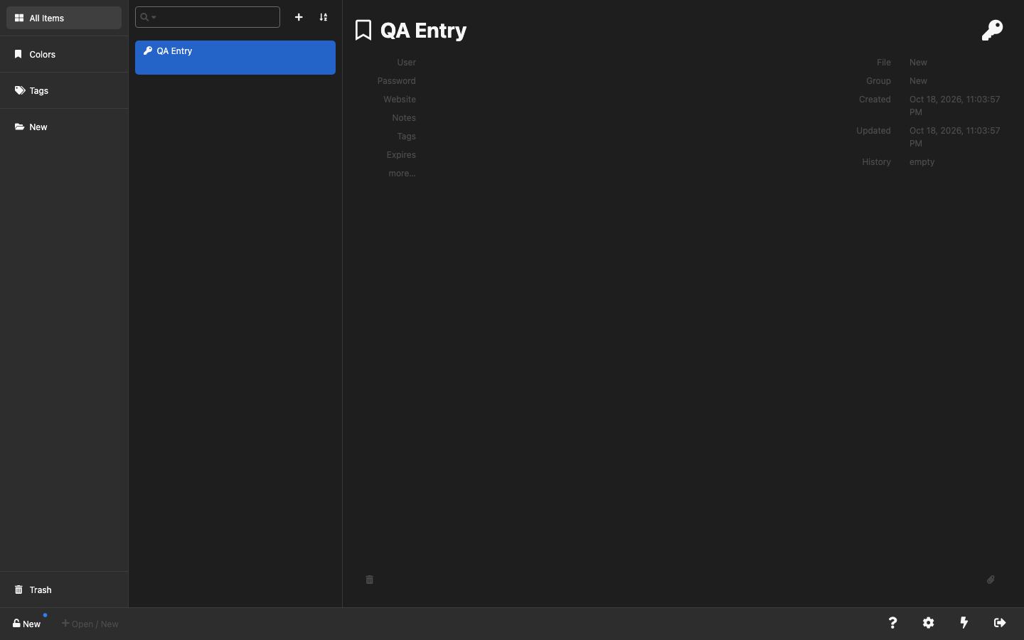 KeeWeb showing a newly created entry listed under All Items in a new database