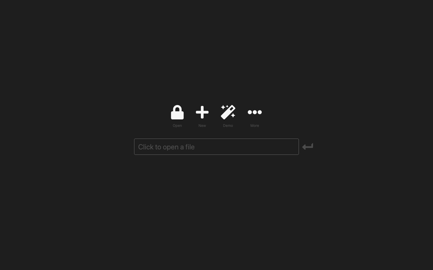 The KeeWeb start screen with Open, New, Demo and More options and a field to open a file