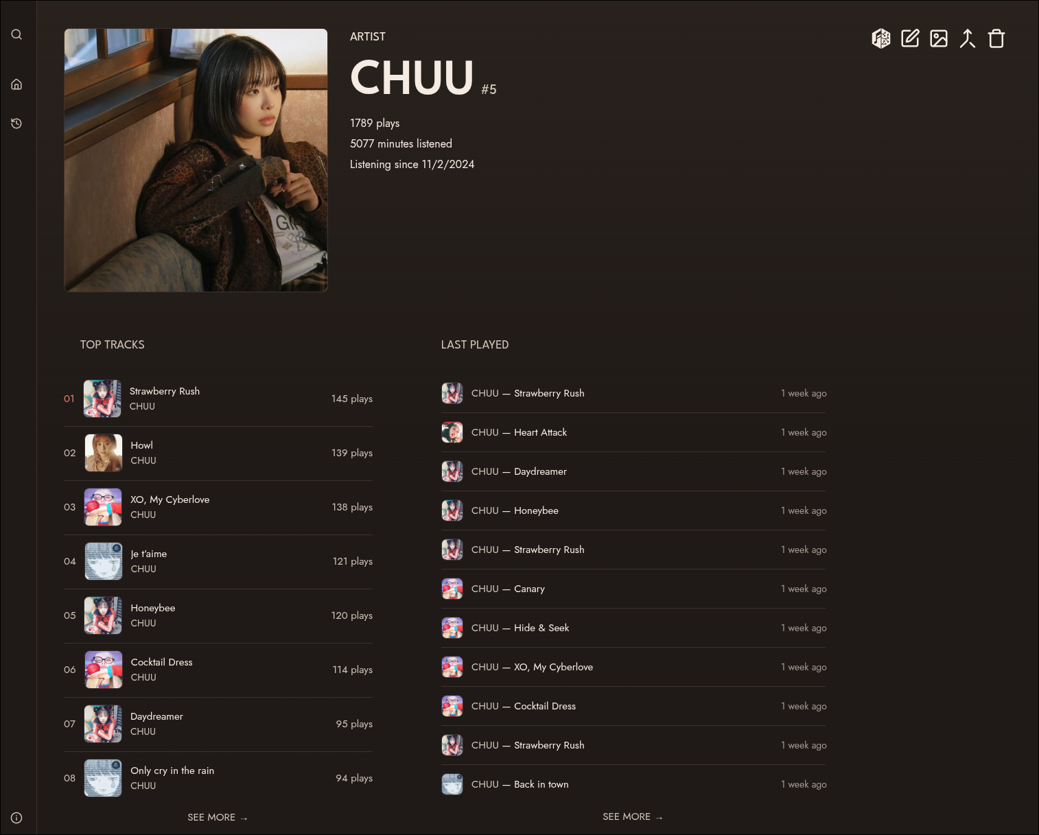 A Koito artist page with play counts, top tracks and last played listens
