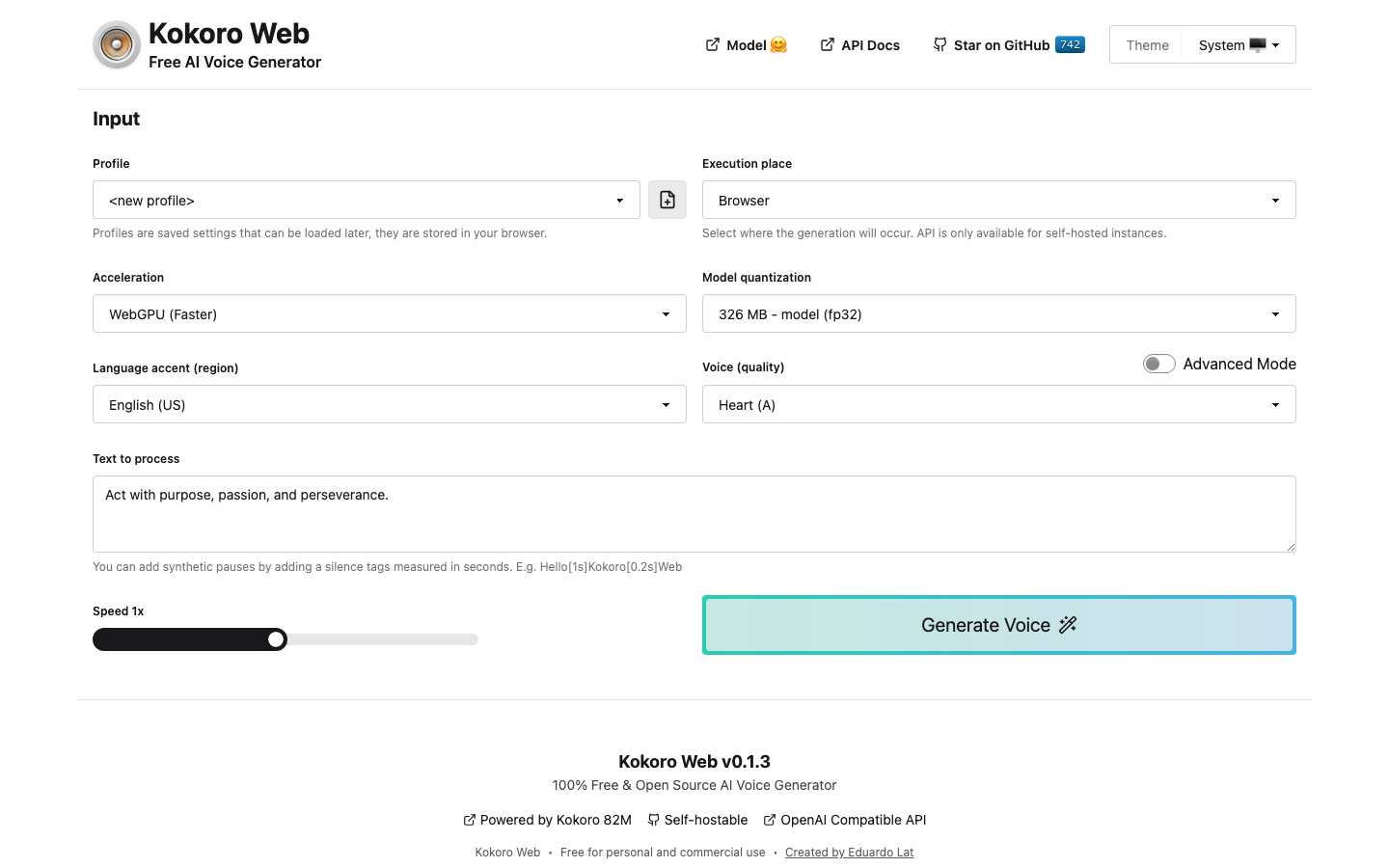 The Kokoro Web home screen with profile, model quantization, language accent and voice settings above the text box