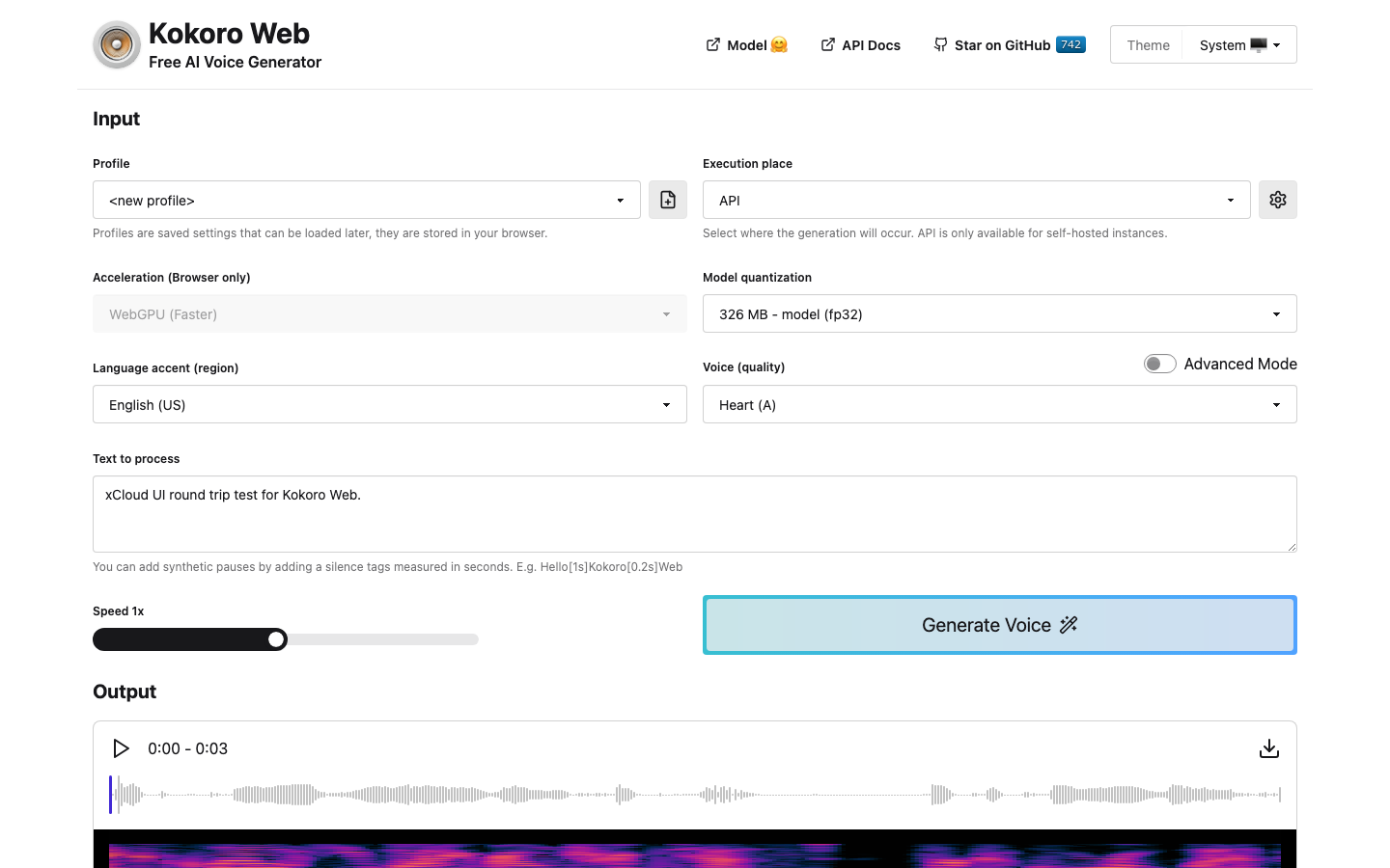 Kokoro Web after generating audio, showing a waveform player with a download button